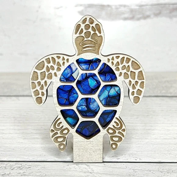 Turtle Night Light Wood Mosaic Blue Accent Home Decor Handmade Sea Turtle - Picture 1 of 10